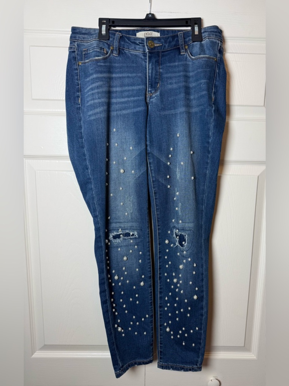Vintage America‎ Blues Pearl-Embellished Boho Skinny Ankle Jeans